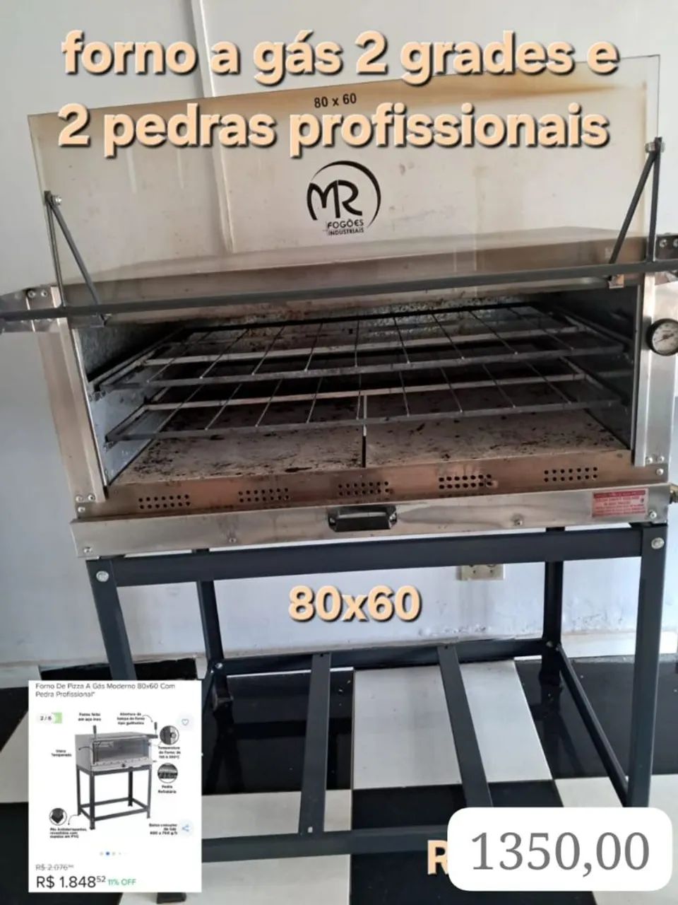 Forno a Gás 2 Grades e 2 Pedras Profissionais 80x60