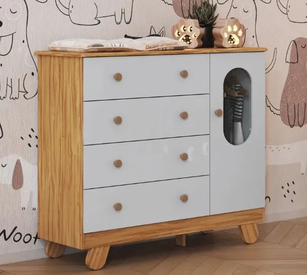 Comoda Infantil Pingo 1 Porta, 100% MDF - Peroba