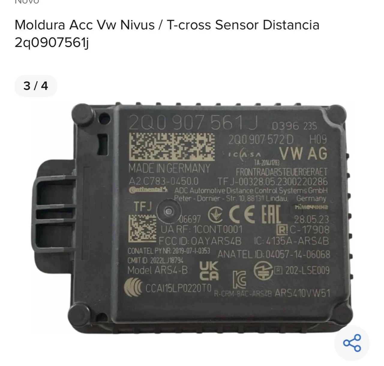 Sensor de Distância para VW Nivus/T-Cross 2Q0907561J