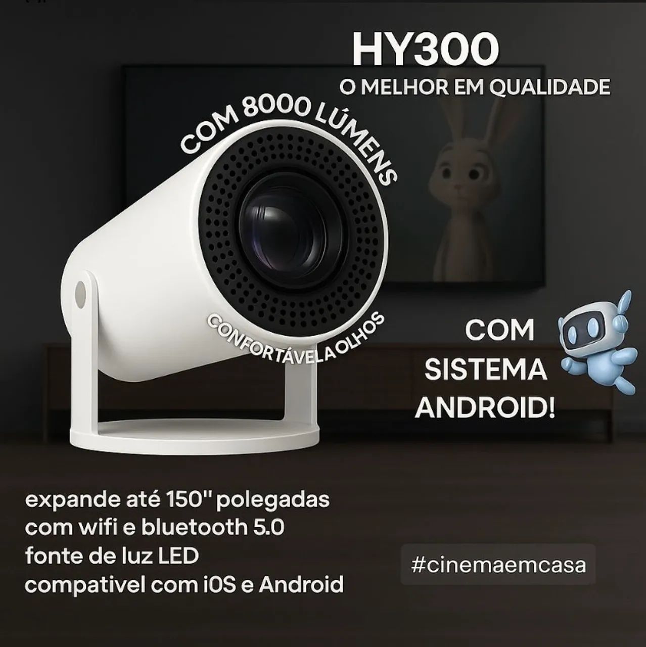 Projetor Smart Portátil Full Hd 4k Bluetooth WifiAndroid 11.0 5g TV Cinema Hy300 Vlx - Foto 4