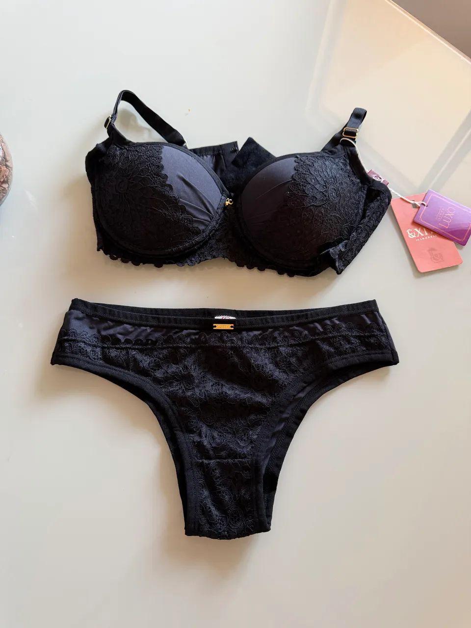 Conjunto Lingerie preto com renda 