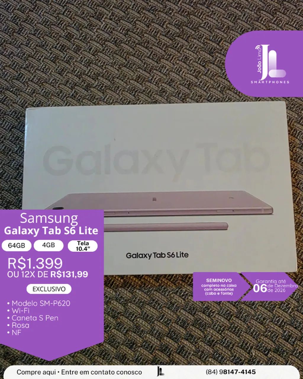 GALAXY TAB S6 LITE, 4G, 64GB, TELA 10.4 POL, ROSA, SEMINOVO NA GARANTIA, EXCLUSIVO!