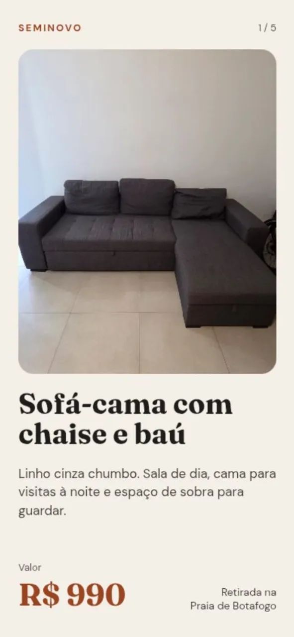 Sofá-cama com chaise e baú - espaçoso e funcional | R$ 850