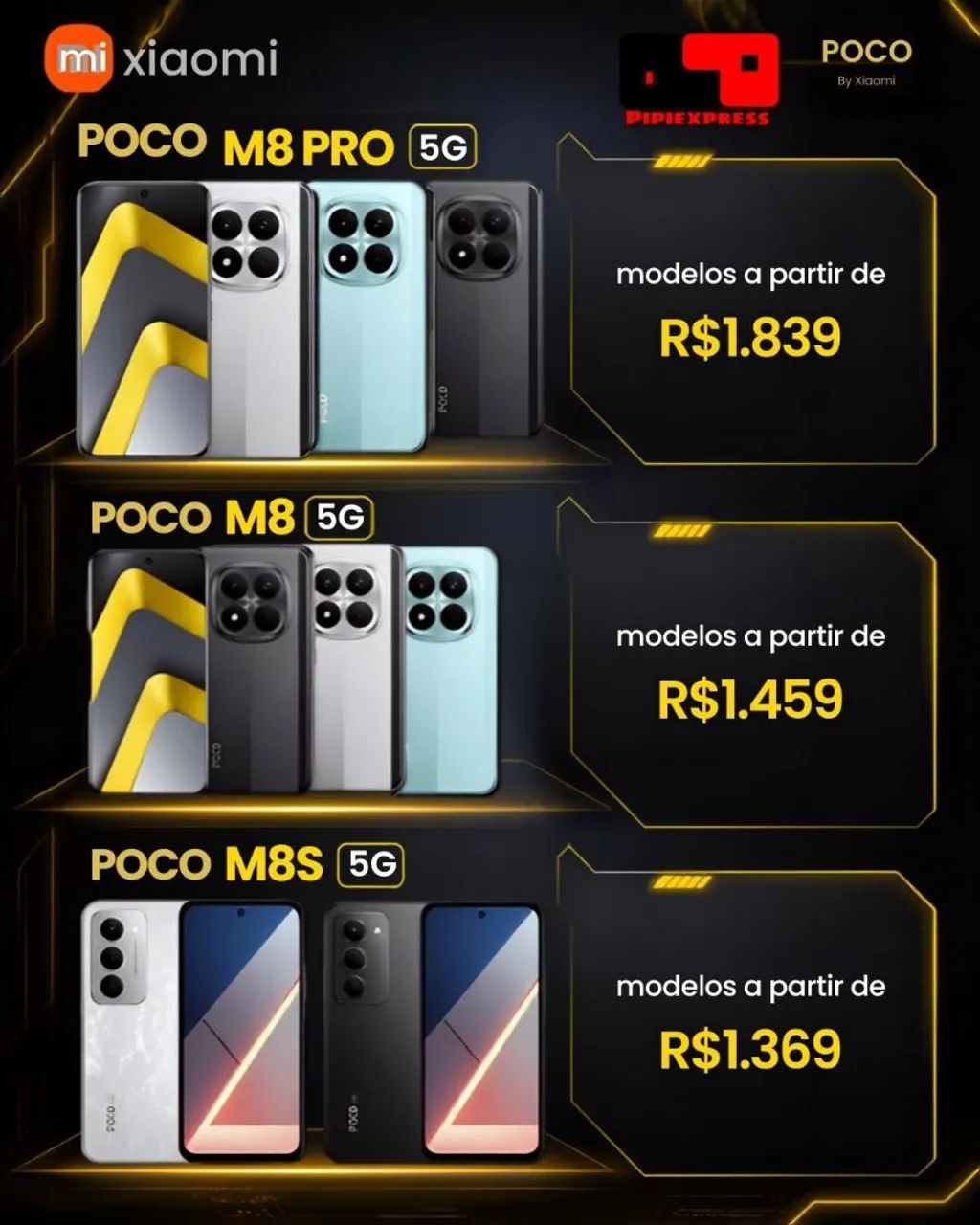 Poco M8 Pro 5G, Poco M8 5G e Poco M8S 5g! Linha completa e ótimos preços. 