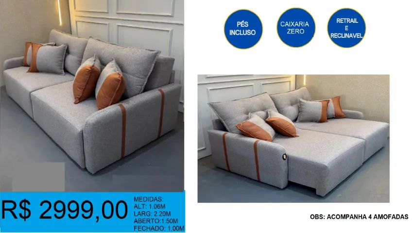 SOFA- RETRAIL E RECLINAVEL -CAIXARIA ZERO -  DISPONIVEL EM 2 CORES = TEMOS PRONTA ENTREGA  - Foto 2