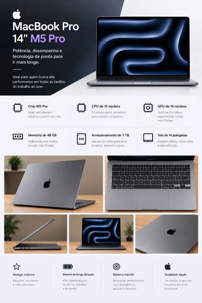 Macbook M5 pro<br>Memória 48gb<br>1 tera de armazenamento<br>14 polegadas<br>15 CPU<br>16 GPU