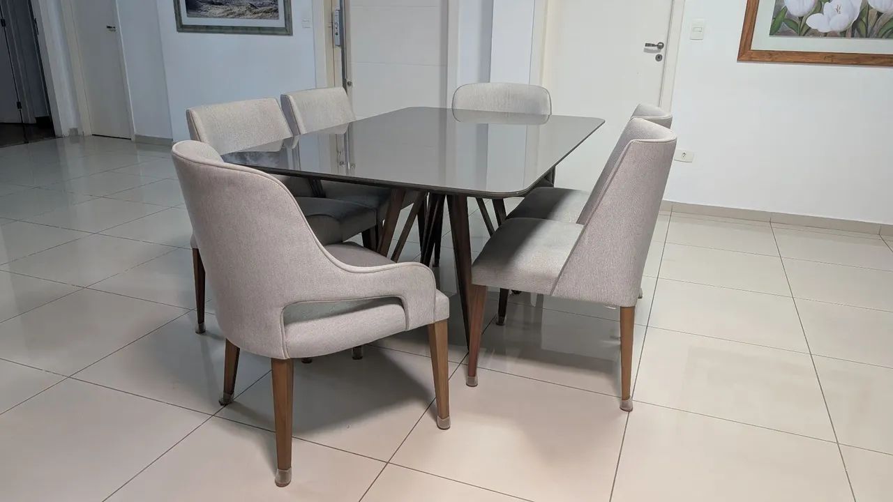 06 cadeiras para mesa de jantar, linho cinza claro