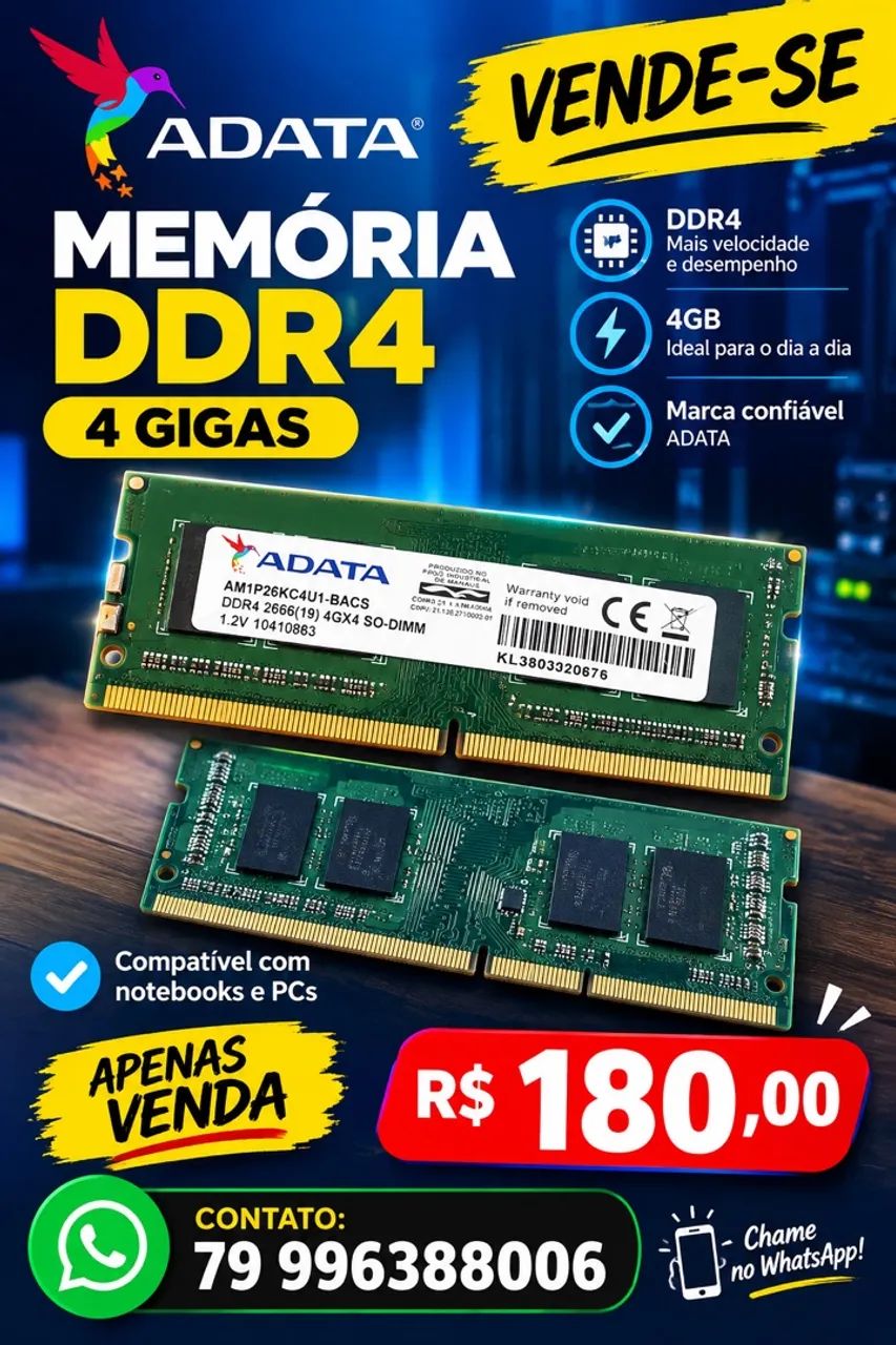 Memória RAM ADATA DDR4 4GB para Notebook 