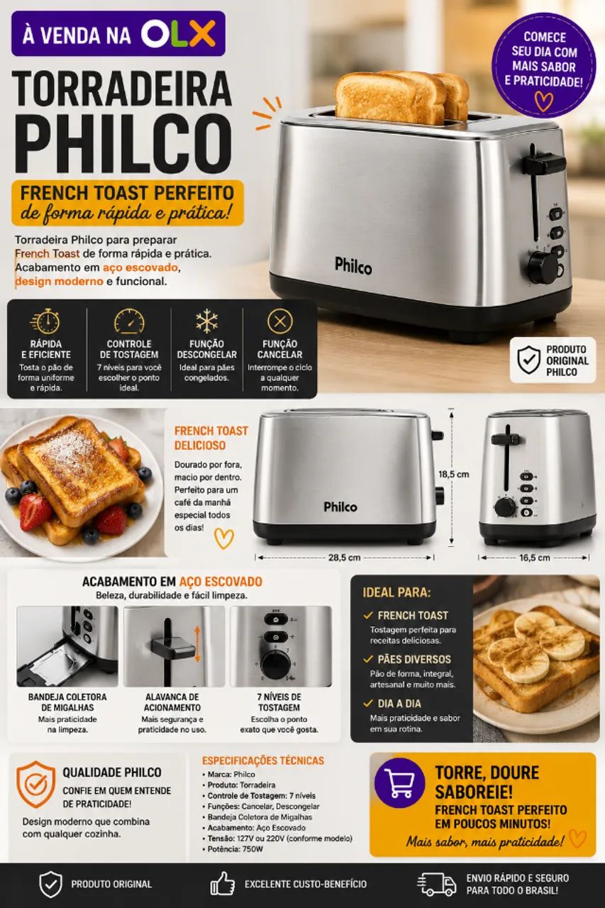 Torradeira Philco French Toast Inox 900W 8 Níveis - Nova