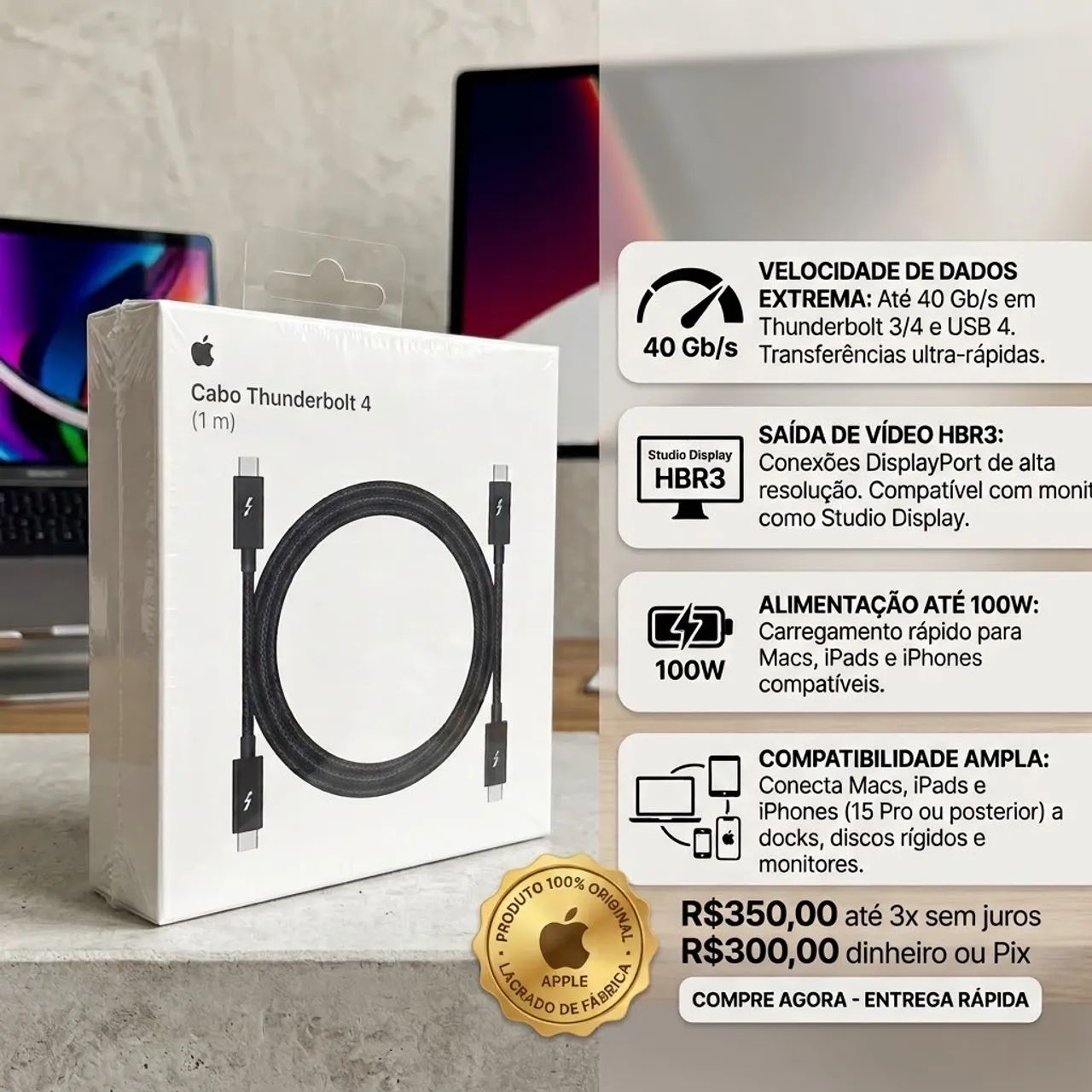 Cabo Thunderbolt 4 original Apple lacrado 
