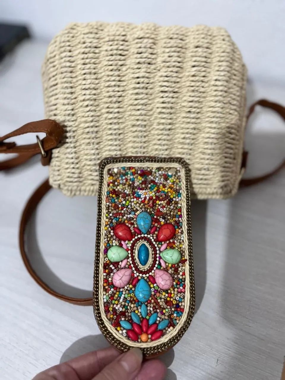 Bolsa Colorida em Palha e Couro  - Foto 3