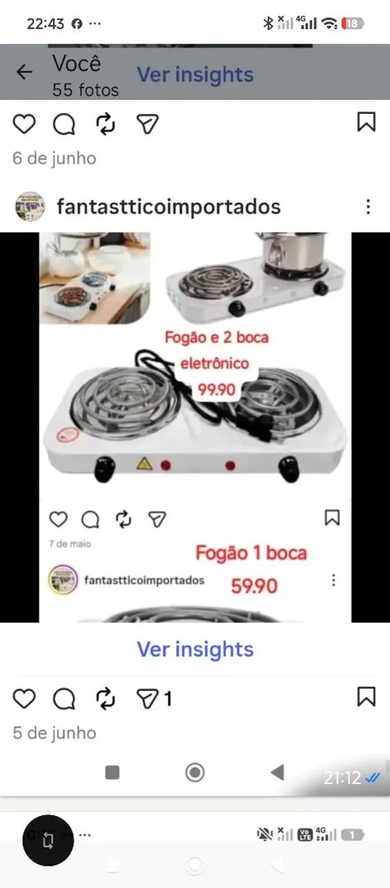 Fogão elétrico 2 boca 99.00 01 boca 60.00