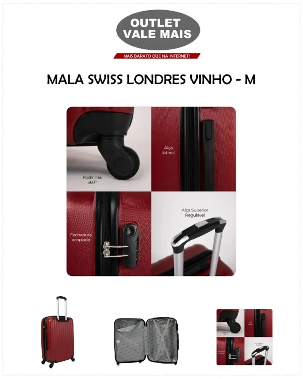 Mala Swiss Londres Vinho 'M' - PRODUTO NOVO! - Foto 4