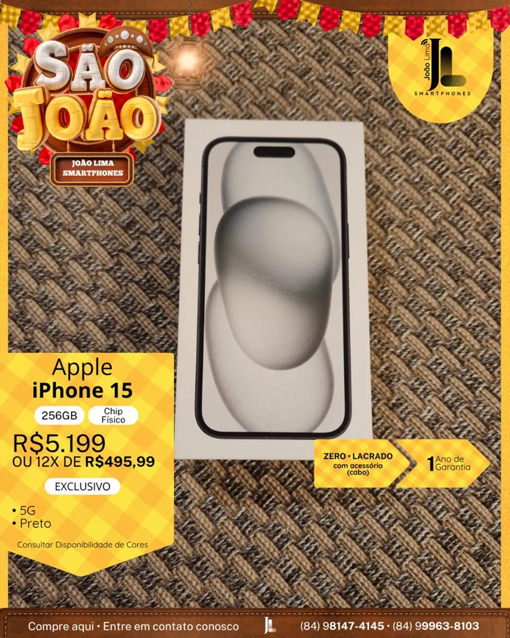 IPHONE 15, 256GB, CHIP FÍSICO, PRETO, LACRADO, EXCLUSIVO!