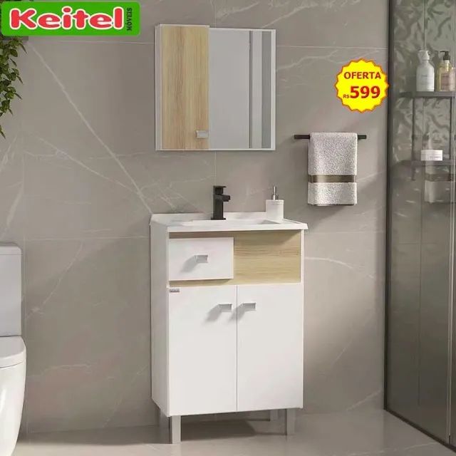 Conjunto Banheiro Pop 60 cm Branco Com Carvalho
