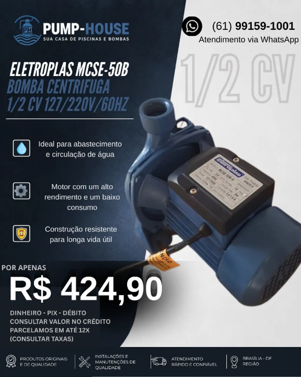 BOMBA CENTRIFUGA 1/2CV MCSE -50 ELETROPLAS
