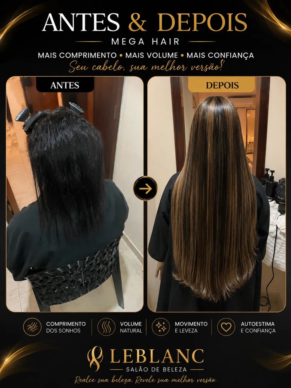Aplicação e manutenção de mega hair R$290