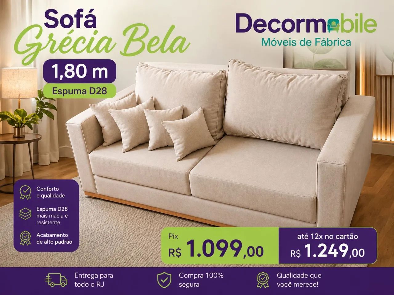 Sofá Grécia Bela D28 1,80 linho e madeira top de linha 