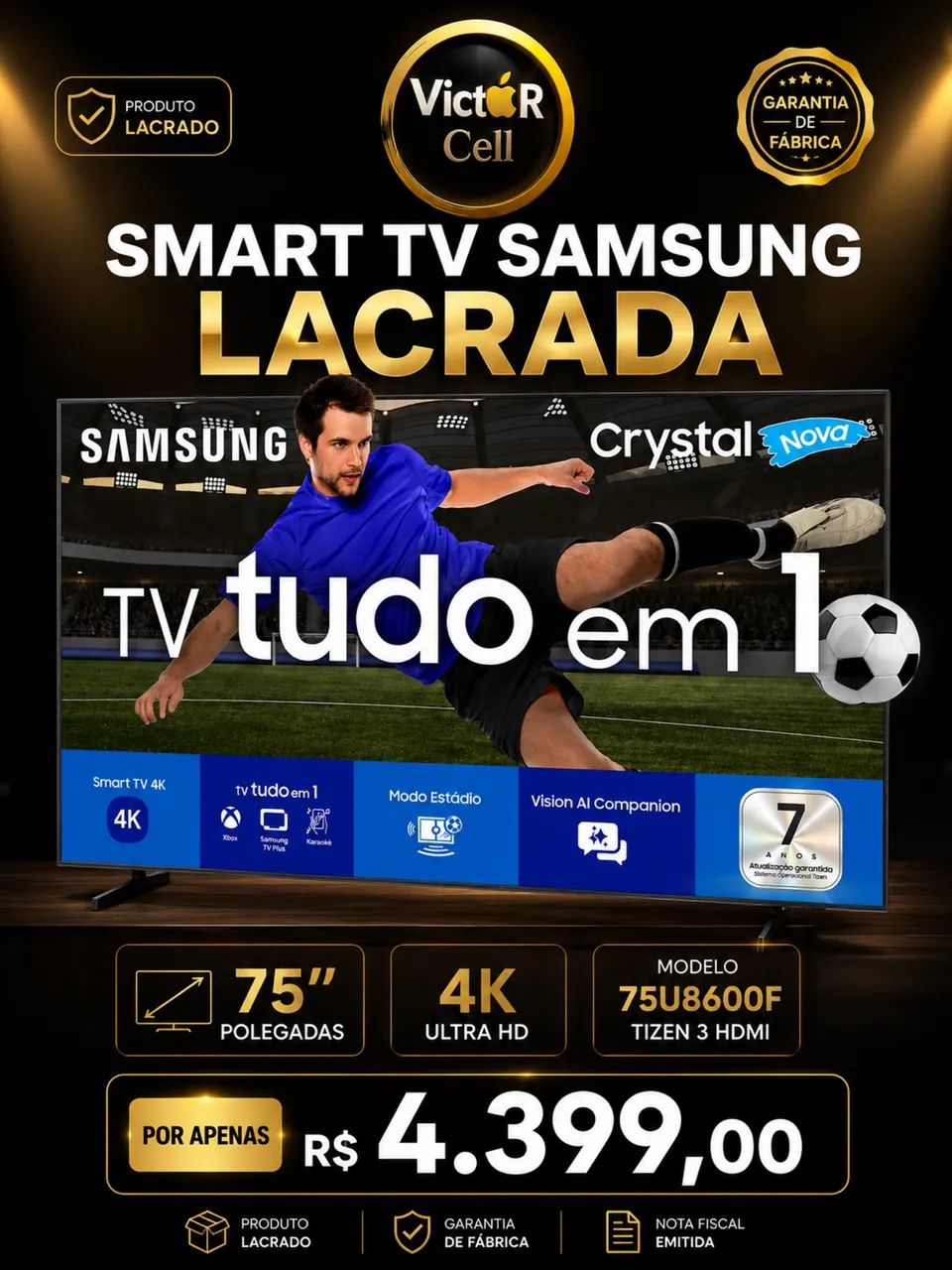Smart TV Samsung 75 Polegadas | Lacrada | Nota Fiscal 