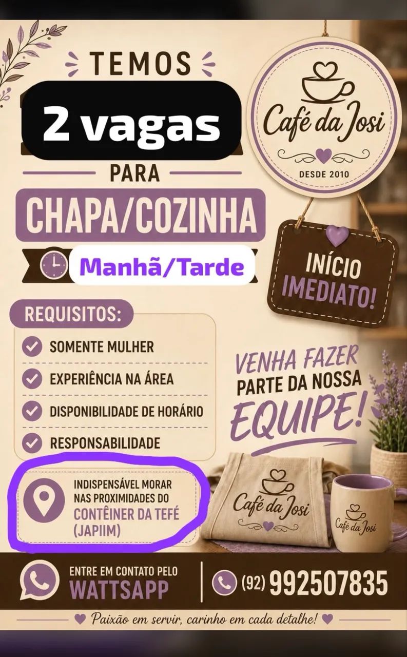 Vaga CHAPA e COZINHA café no japiim