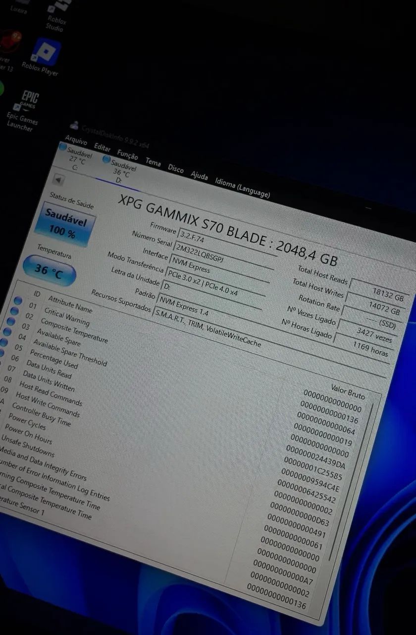 SSD 2TB XPG S70 BLADE - 1 Mes e meio de uso - Funciona em Ps5