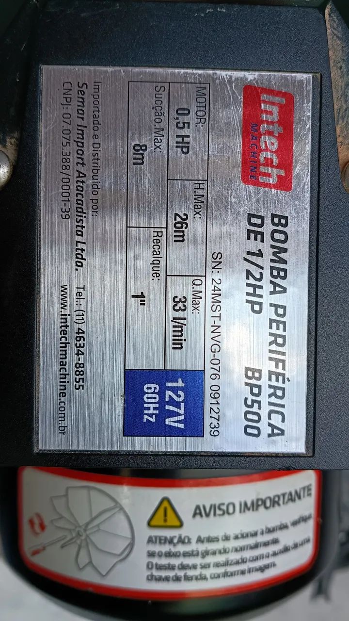 Bomba de água marca intech