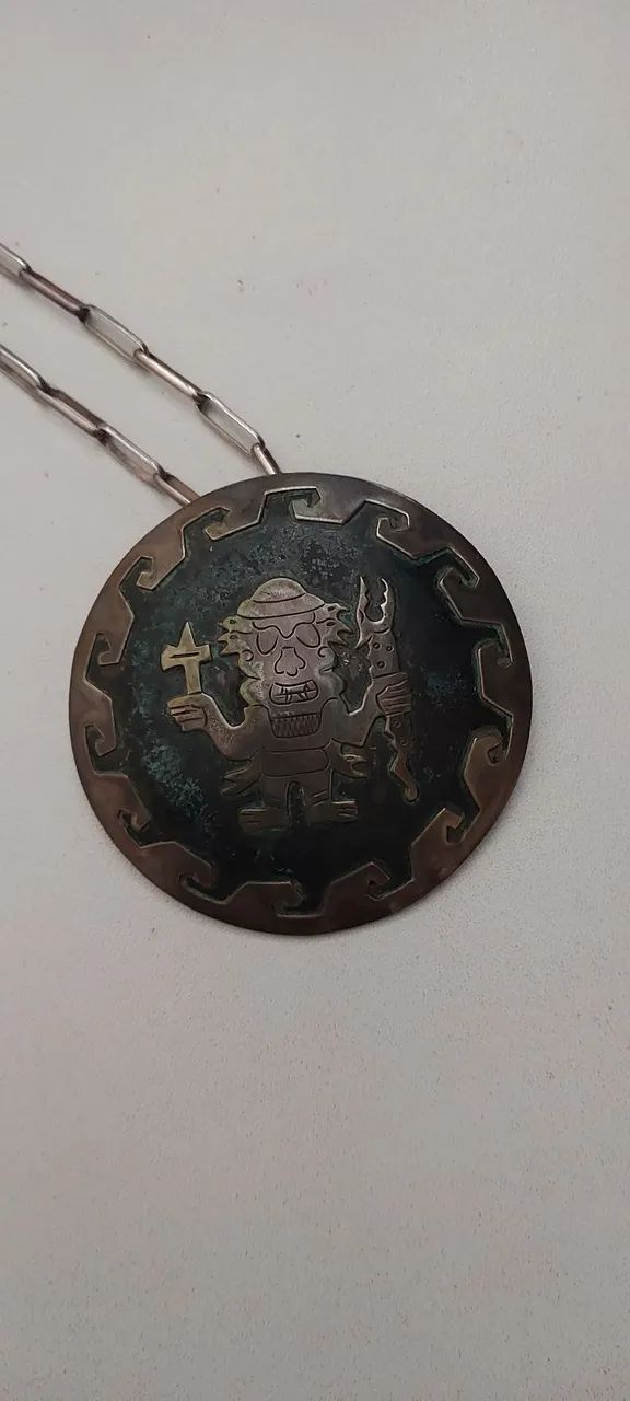 Jóia peruana prata 925 antiga - colar + medalhão 