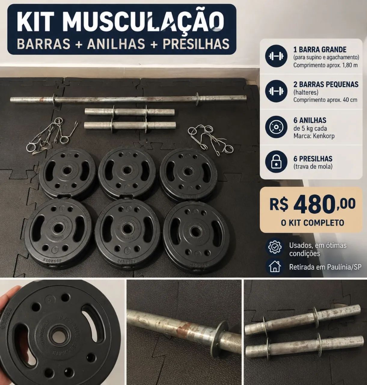 Barra e anilhas para treino