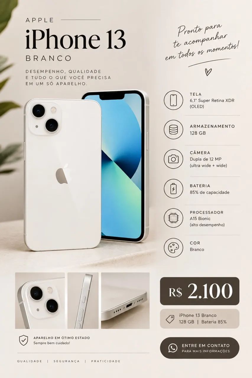 iPhone 13 branco, 128GB