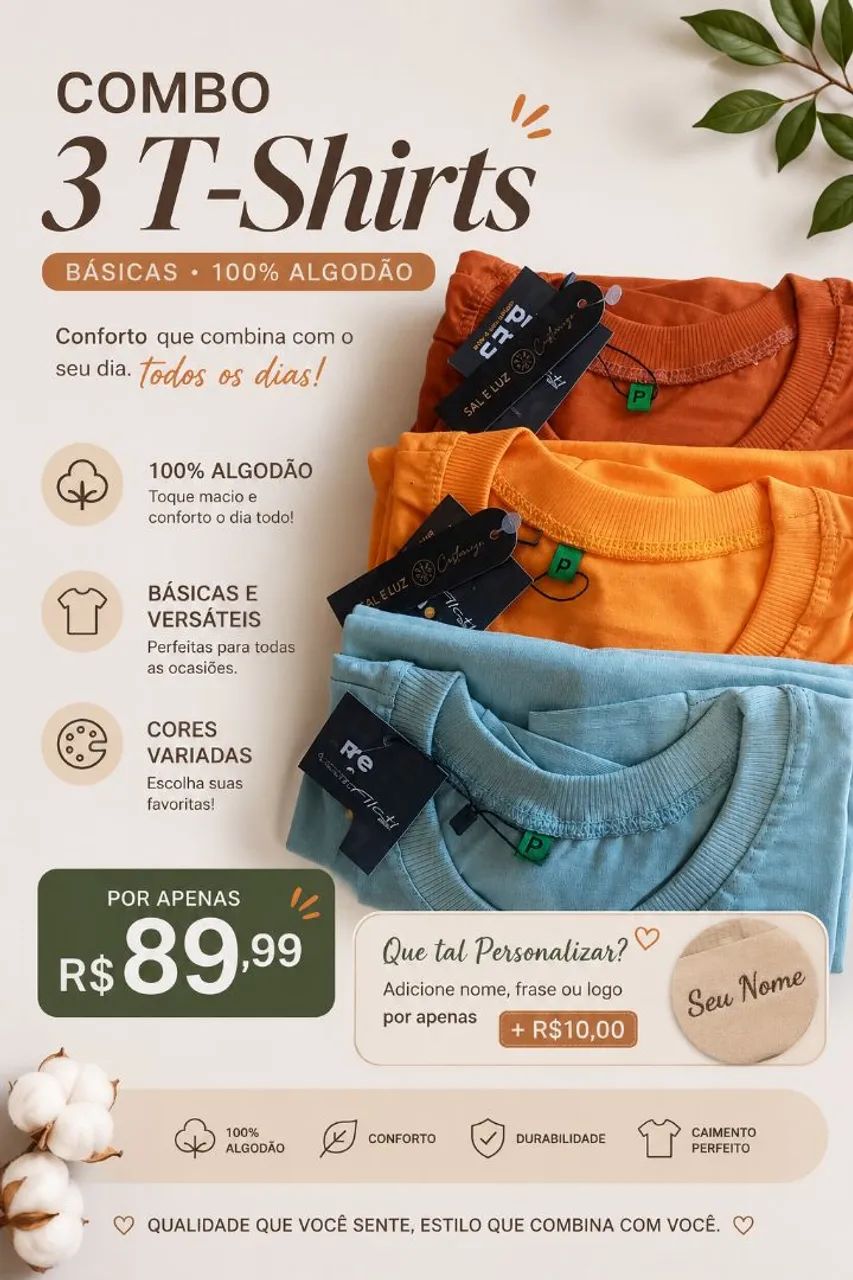 Combo 3 T-shirt básica 100% algodão  - Foto 2