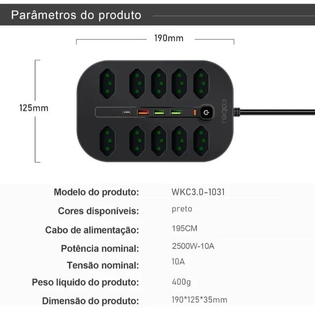 Extensão Coibeu 10 Tomadas + 5 Portas USB | 195cm - Foto 3