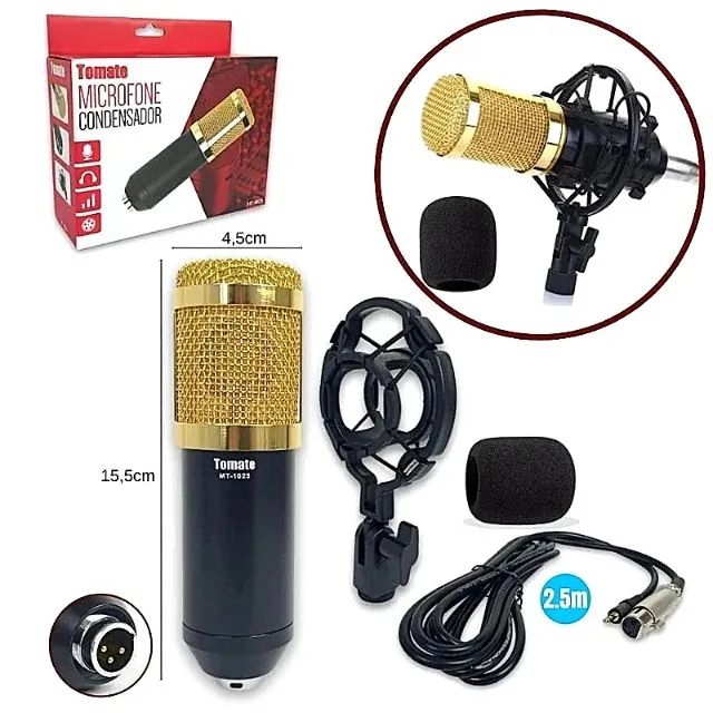 Microfone Condensador Dourado com Cabo P2 para Estúdio - Foto 2