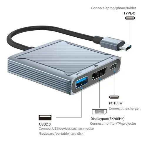 Hub Adaptador Tipo C Displayport 3 Em 1 8k 60hz 4k 144hz Macbook PC celular - Foto 4