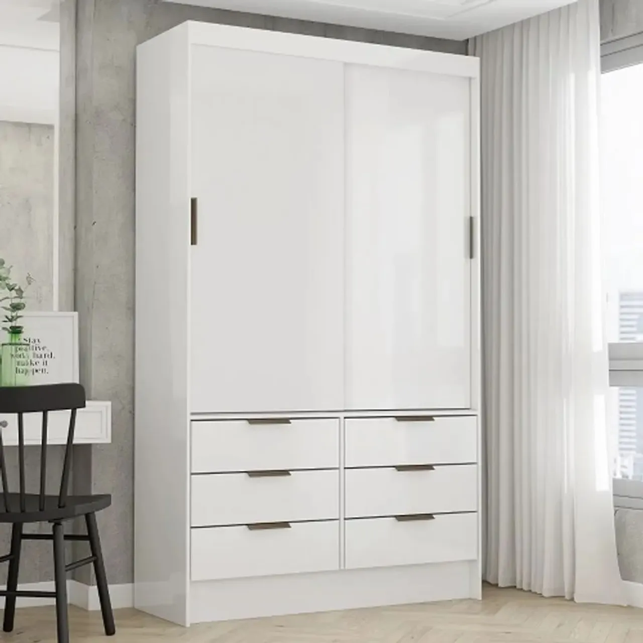 Guarda-Roupa Moderno solteiro Branco com 6 Gavetas