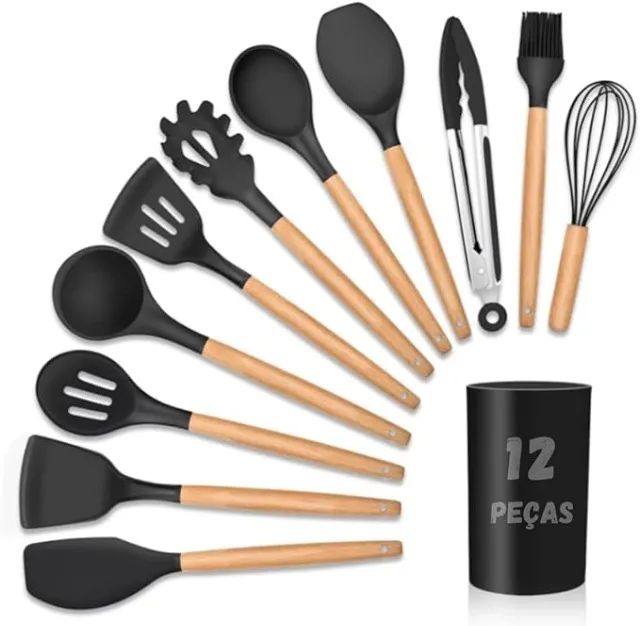 kit utensílios cozinha 12 peças silicone cabo madeira PRETO  - Foto 2