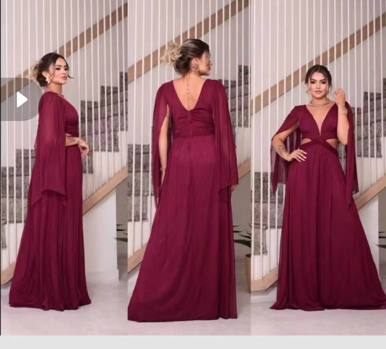 Vestido de Festa Longo Marsala com Manga Capa