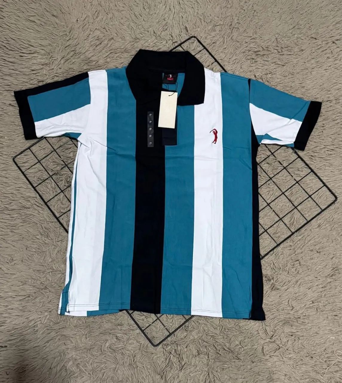 Camisa Polo Listrada Laranja, Branca e Azul - Foto 3