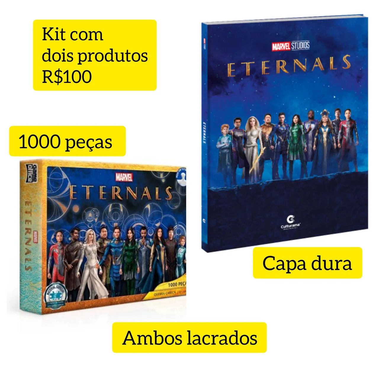 Kit com Quebra Cabeça 1000 peças e livro com bastidores filme Eternos/Eternals da Marvel