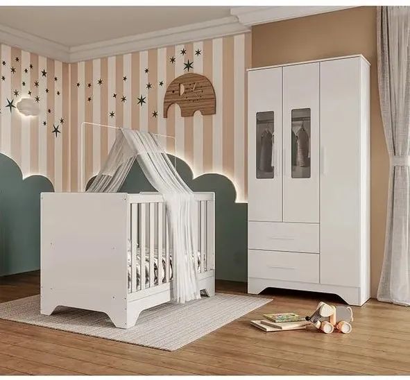 Roupeiro Popy + Berço Cama Americano Popy, 100% MDF - Peroba