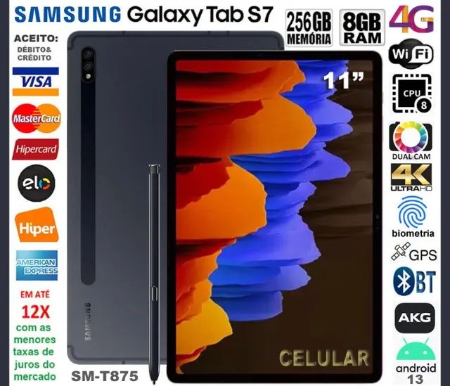 Tablet Galaxy Tab S7 11" 4G 256GB, 8GB Ram, S Pen, GPS, Wi-Fi, Novíss, Nota, Troco!