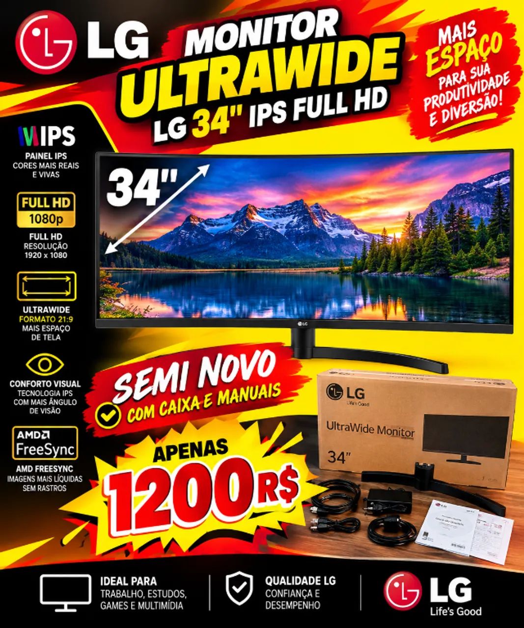 MONITOR LG ULTRAWIDE 34 POLEGADAS  