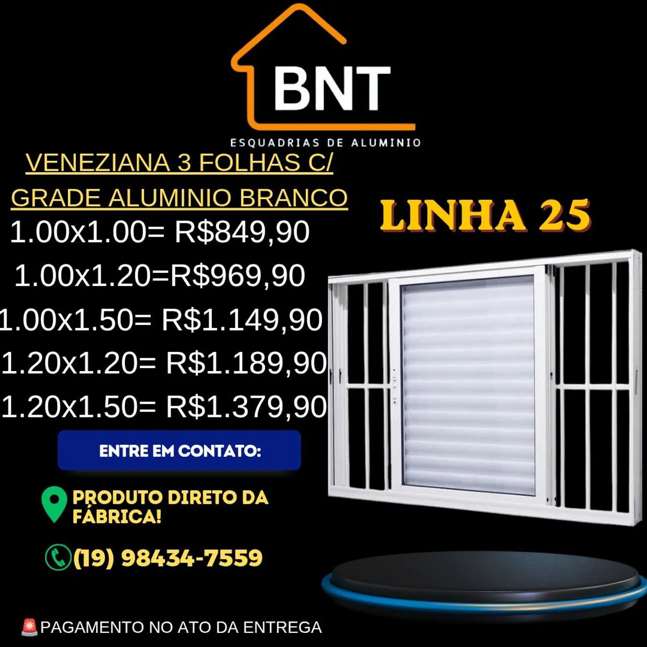 VENEZIANA 3 FOLHAS MÓVEIS COM GRADE ALUMÍNIO BRANCO 1.00X1.20 (Linha 25)