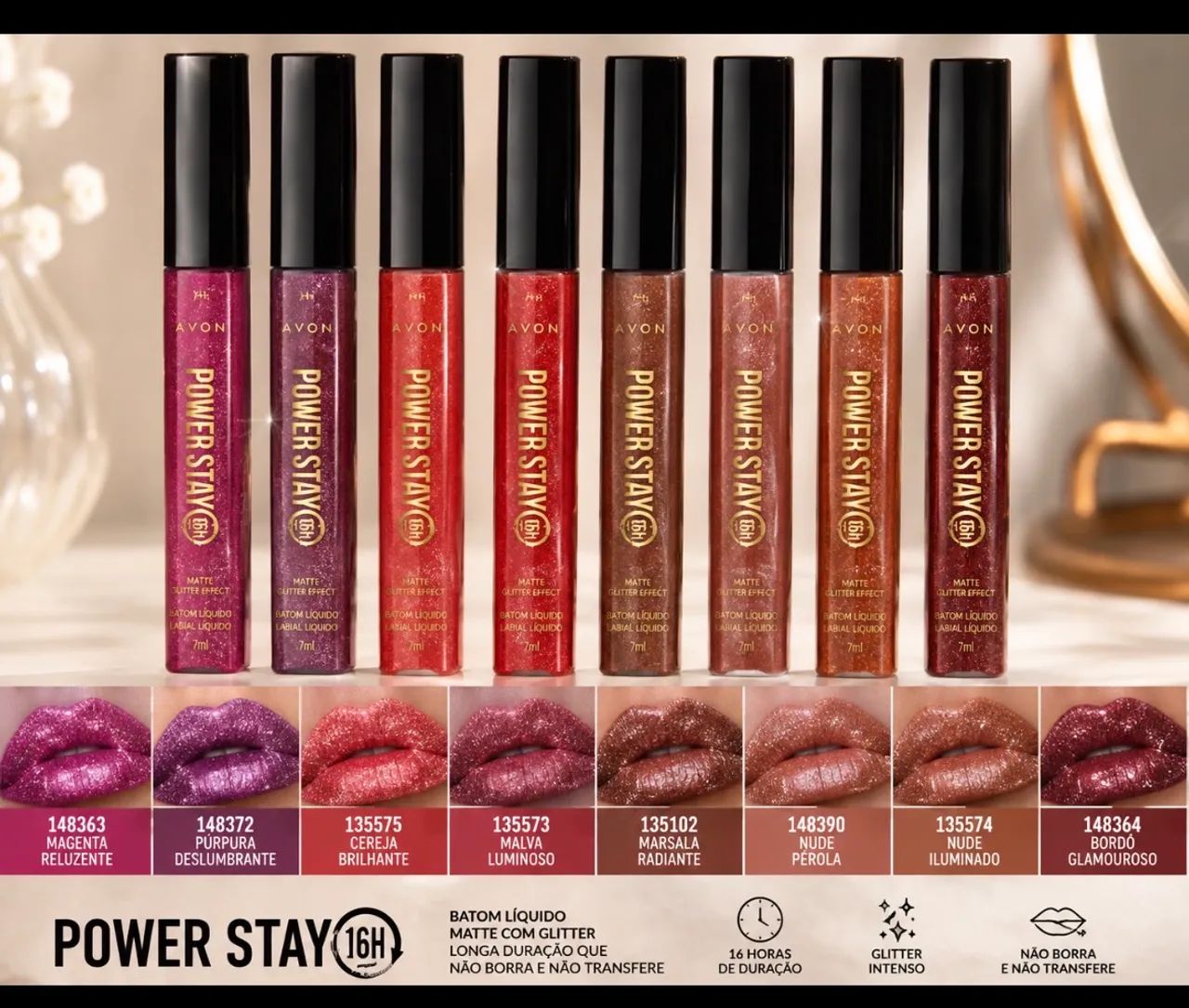 Batom gliter power stay cores variadas 