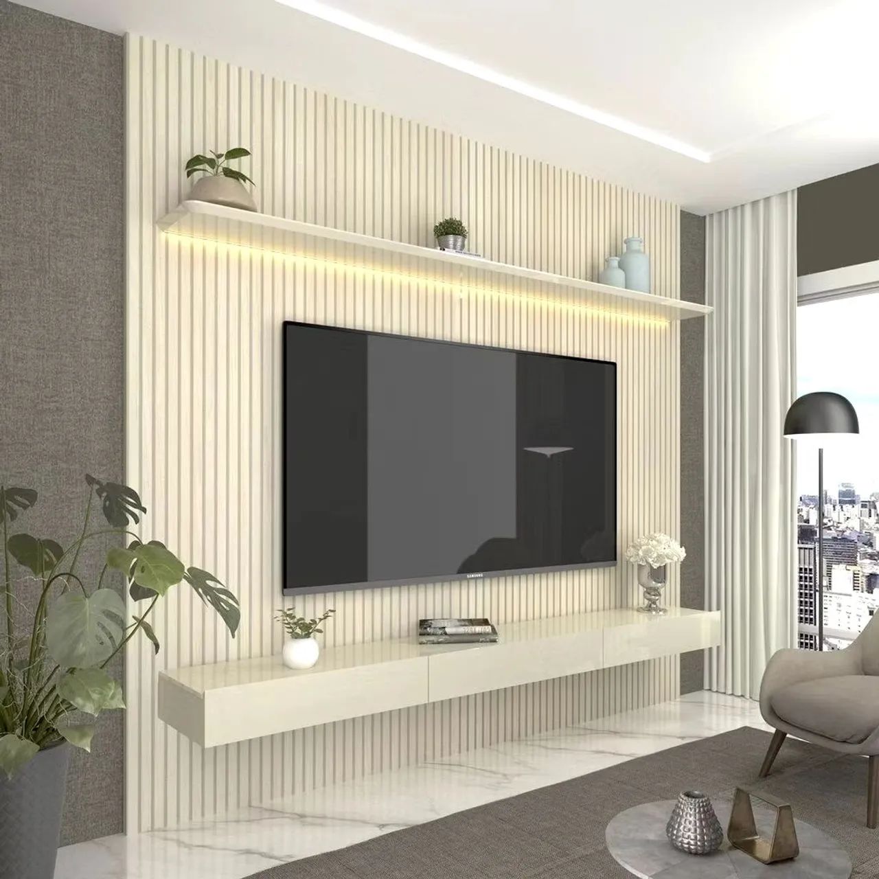 Painel para TV até 90 Polegadas com LED 100% MDF 224cmx250cm Impressão Ripada com Gaveta