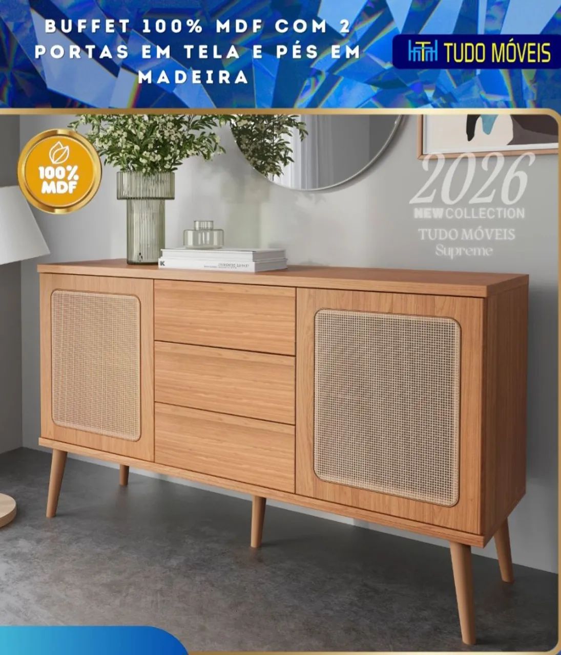 BUFFET 100% MDF COM 2 PORTAS E TELA 