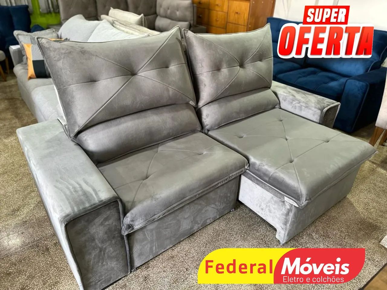 Sofá Retrátil Veludo Cinza 2,25m - Promoção Impermeável 