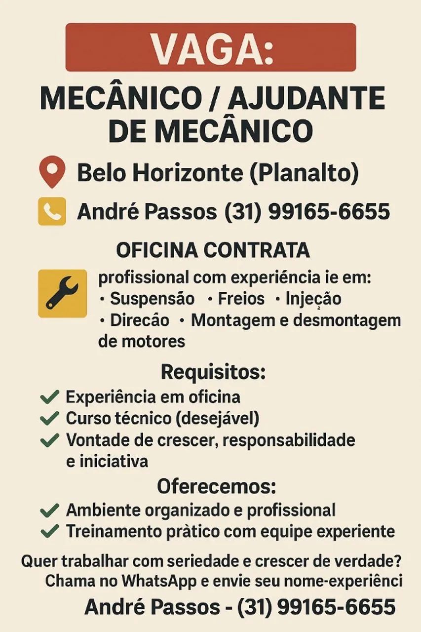 Vaga de Mecânico de Veículos / Ajudante - Belo Horizonte (Planalto)
