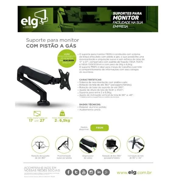 Suporte de Mesa para Monitor com pistão a Gás Elg F80N Novo - Foto 3