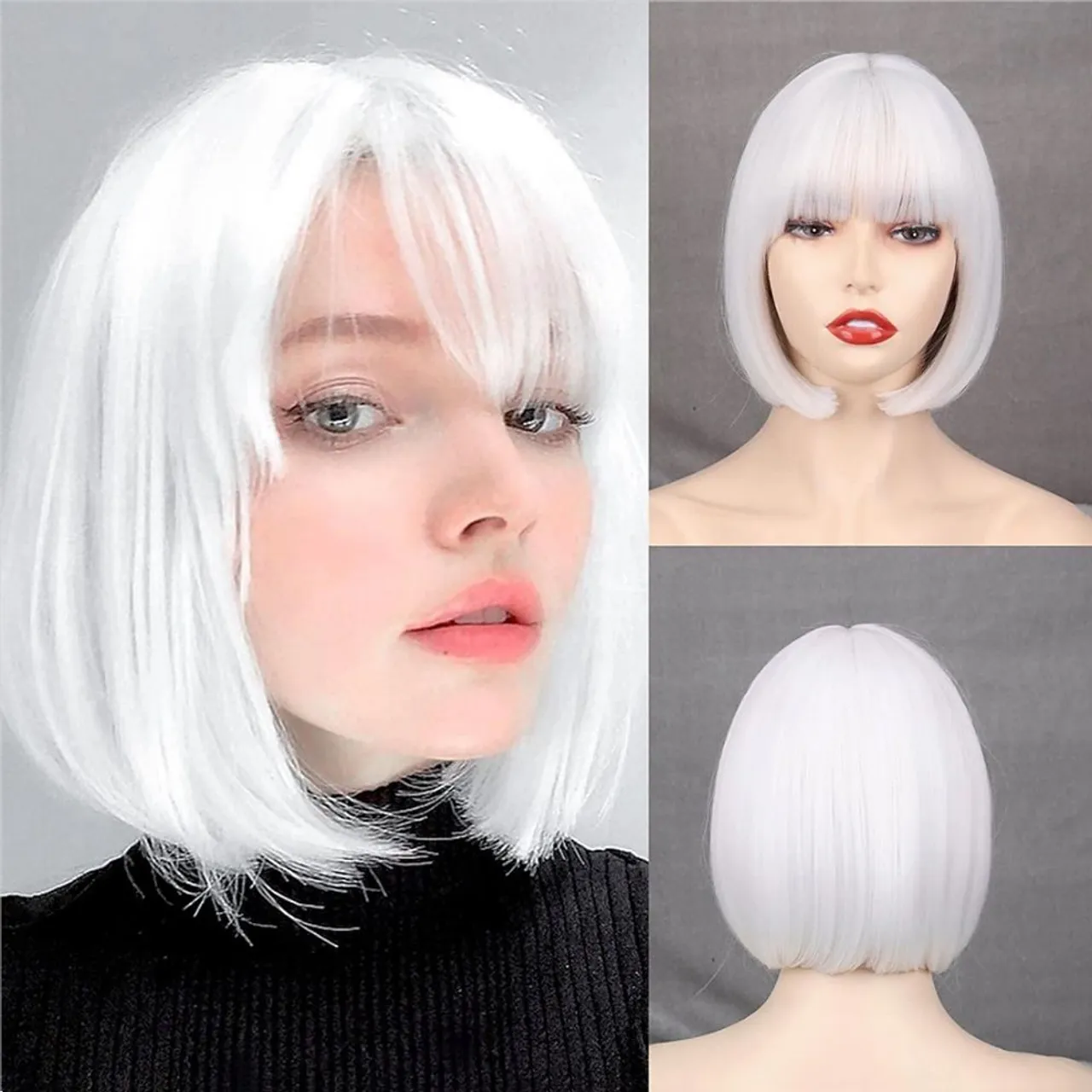 Peruca Bob Curta Branca - Cabelo Sintético