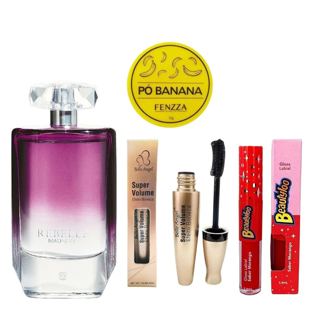Kit Beleza: Perfume, Rímel, Gloss, Pó Banana e Máscara